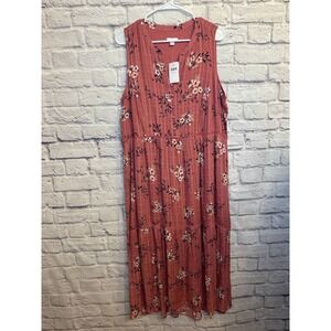 NWT J Jill Pink Floral Tiered Midi Dress Button Front V Neck Sleeveless L